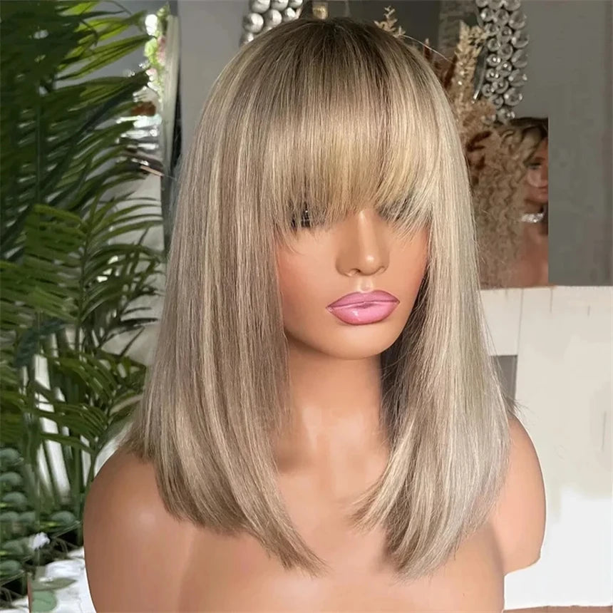 Ash Blonde Short Bob Lace Front Wig with Bangs — Glueless 13x4 / 13x6 European Virgin Hair