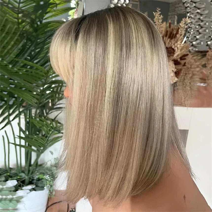 Ash Blonde Short Bob Lace Front Wig with Bangs — Glueless 13x4 / 13x6 European Virgin Hair