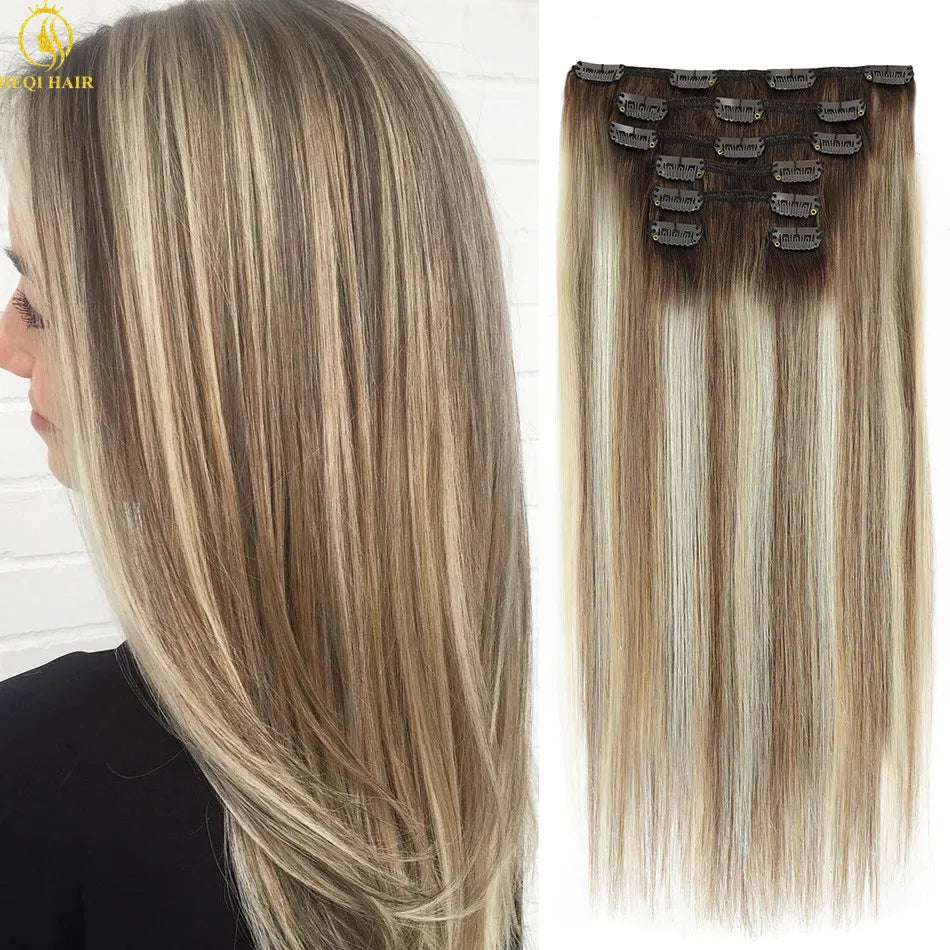 Seamless Clip-In Hair Extensions — 100g European Virgin Human Hair (Highlight Blonde, 10"–16")