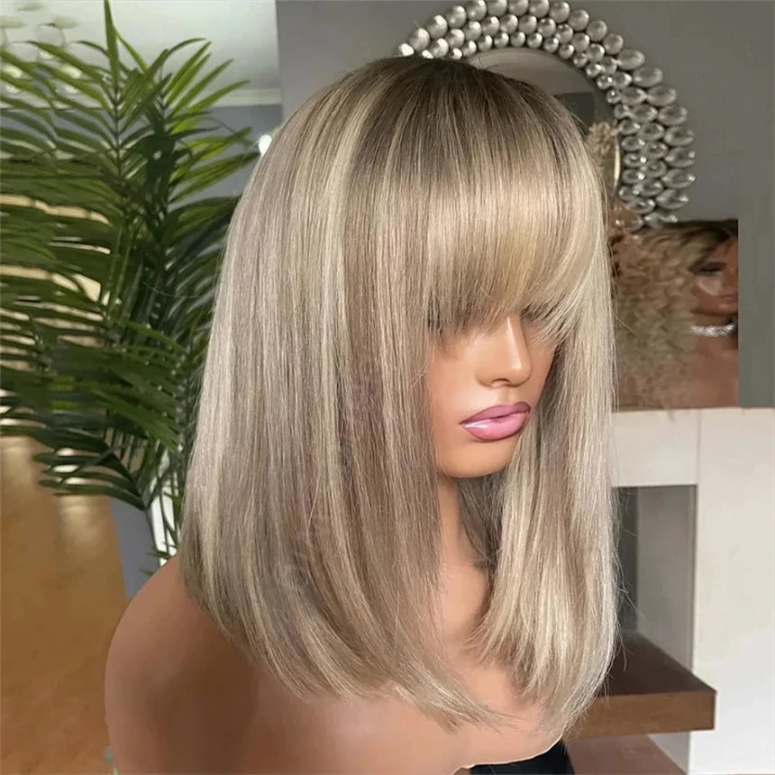 Ash Blonde Short Bob Lace Front Wig with Bangs — Glueless 13x4 / 13x6 European Virgin Hair
