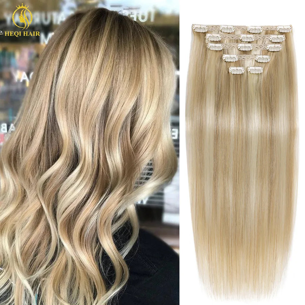 Seamless Clip-In Hair Extensions — 100g European Virgin Human Hair (Highlight Blonde, 10"–16")