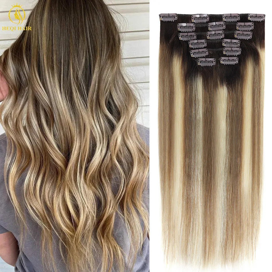 Seamless Clip-In Hair Extensions — 100g European Virgin Human Hair (Highlight Blonde, 10"–16")