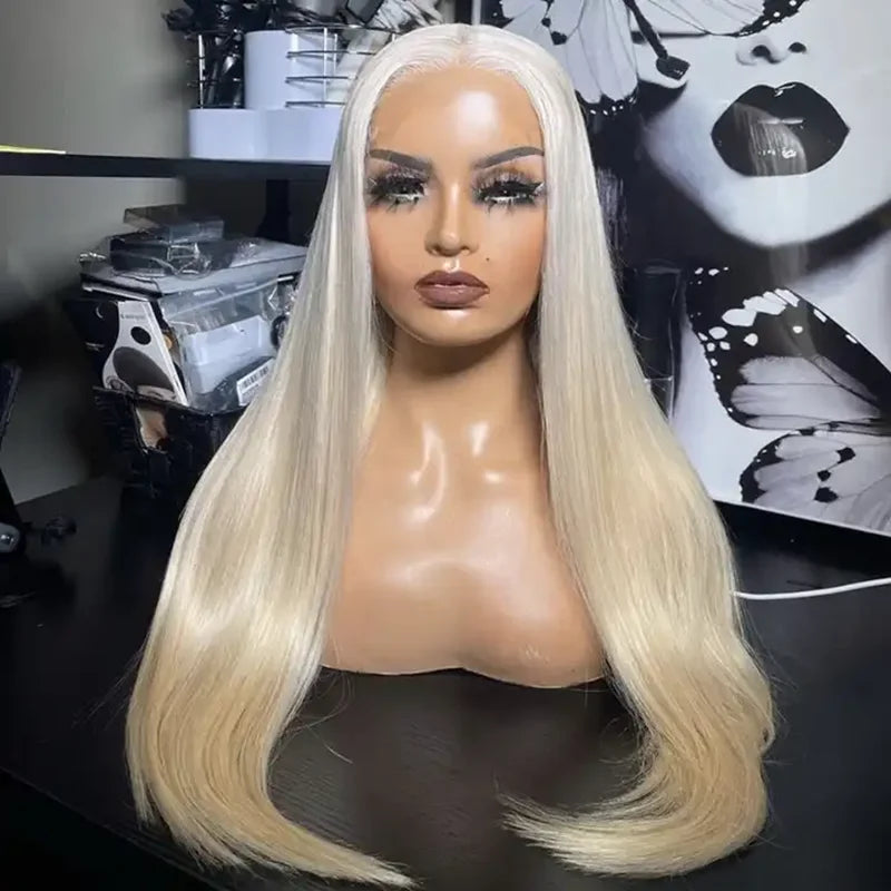 Platinum 60 Blonde HD Lace Frontal Wig — Glueless Silky Straight Brazilian Virgin Hair (12"–30")