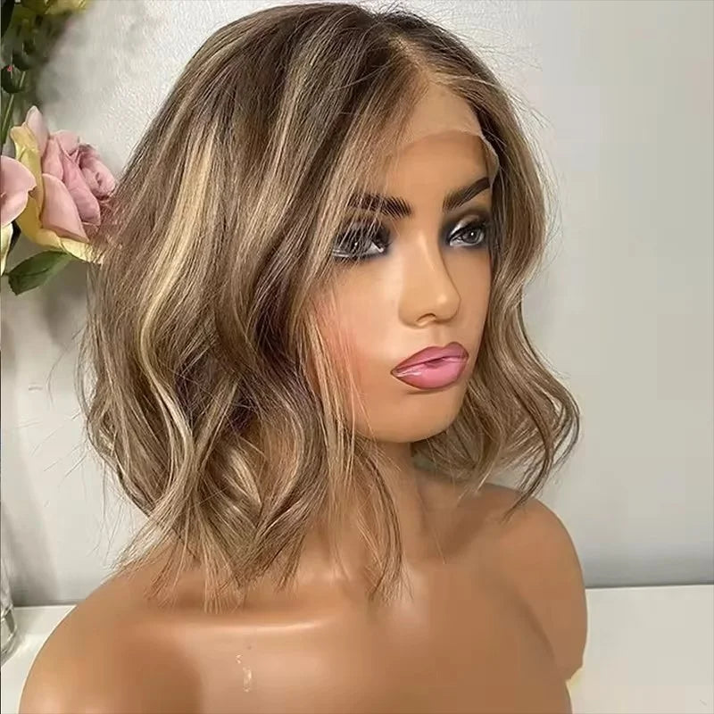Ombre Ash Blonde Short Bob Wave Lace Front Wig — Cuticle-Aligned, Pre-Plucked