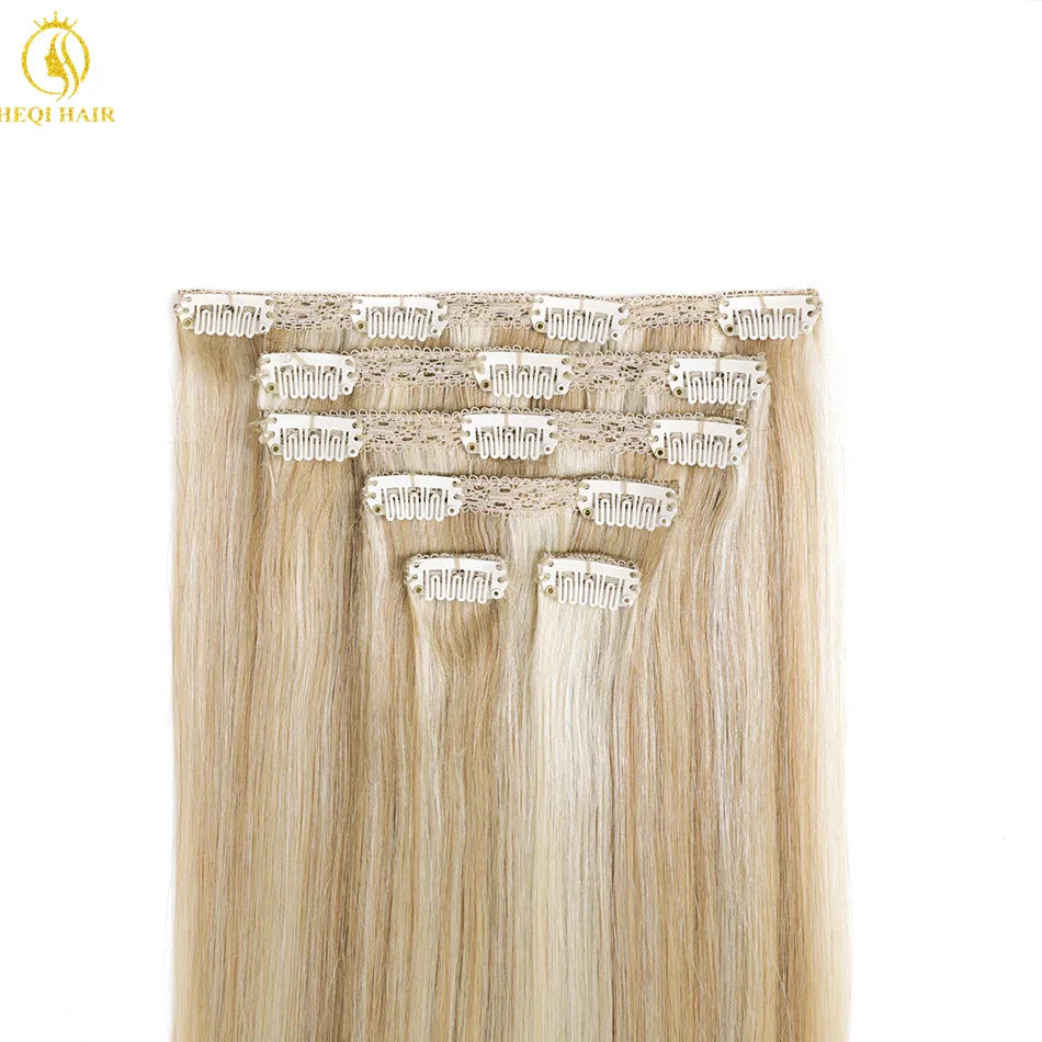 Seamless Clip-In Hair Extensions — 100g European Virgin Human Hair (Highlight Blonde, 10"–16")