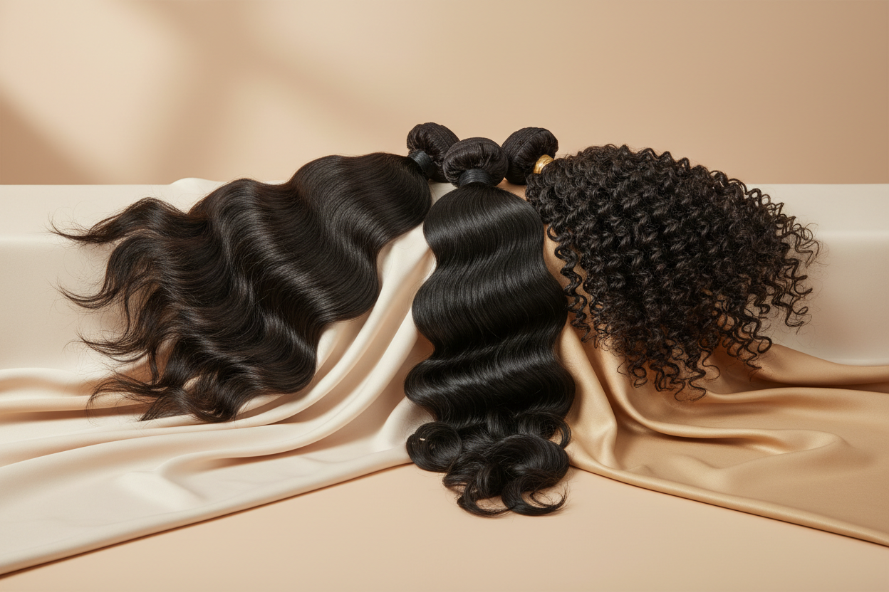 Luxurious raw Indian human hair bundles displayed elegantly